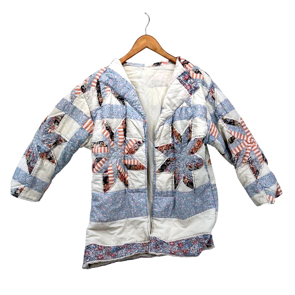 Handmade Quilt Coat‎ Women Blue Peach Star Patchwork Open Front Jacket Relaxed